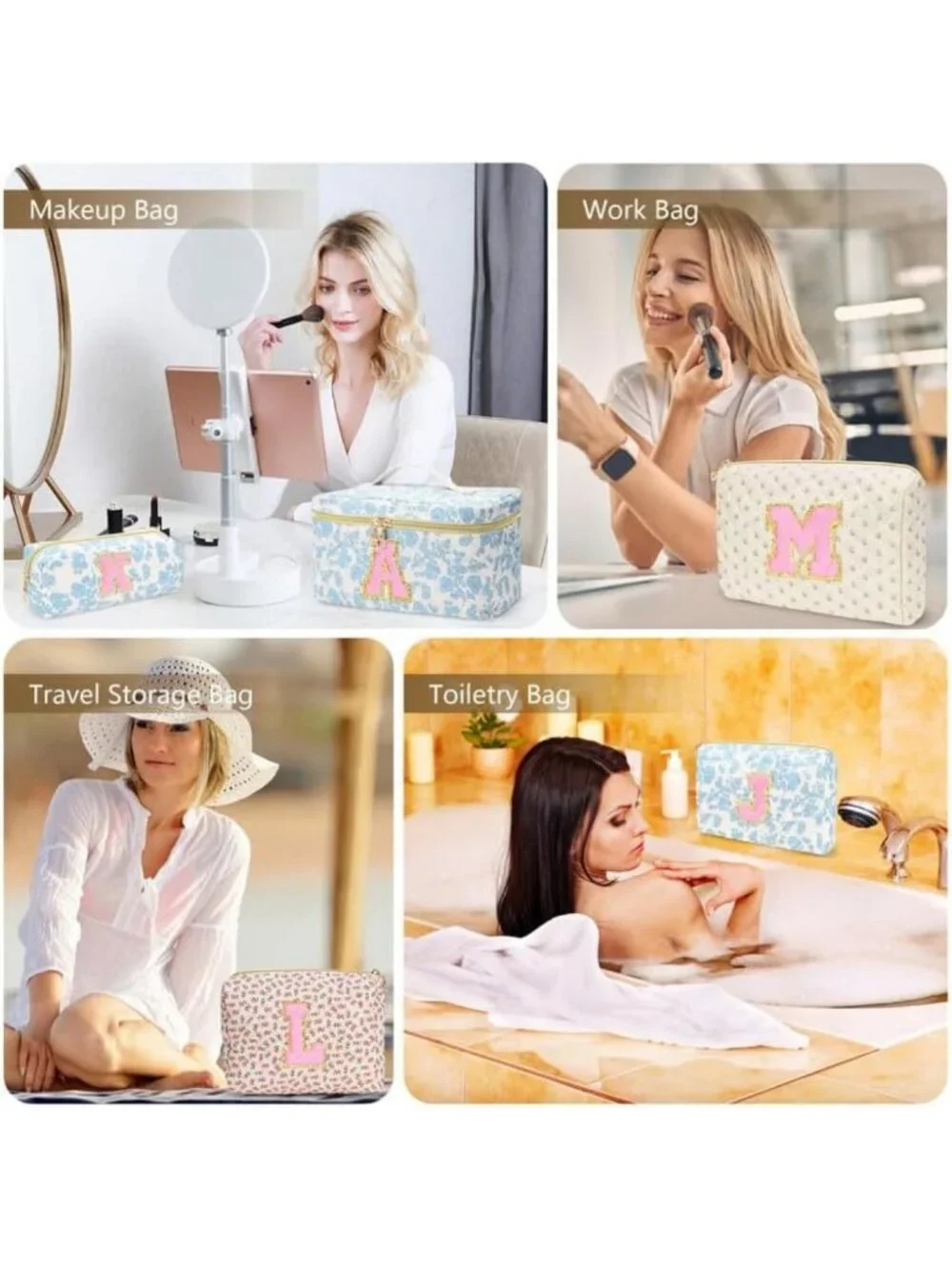 3 PCS Personalized Travel Makeup Bag Set - Quilted Cosmetic Organizer & Toiletry